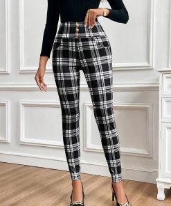 Print High-Waist Plaid Knit Pants with Metal Buckle Detail for Women