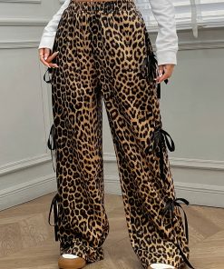 Chic Leopard Print Wide-Leg Pants with Side Bow Detail